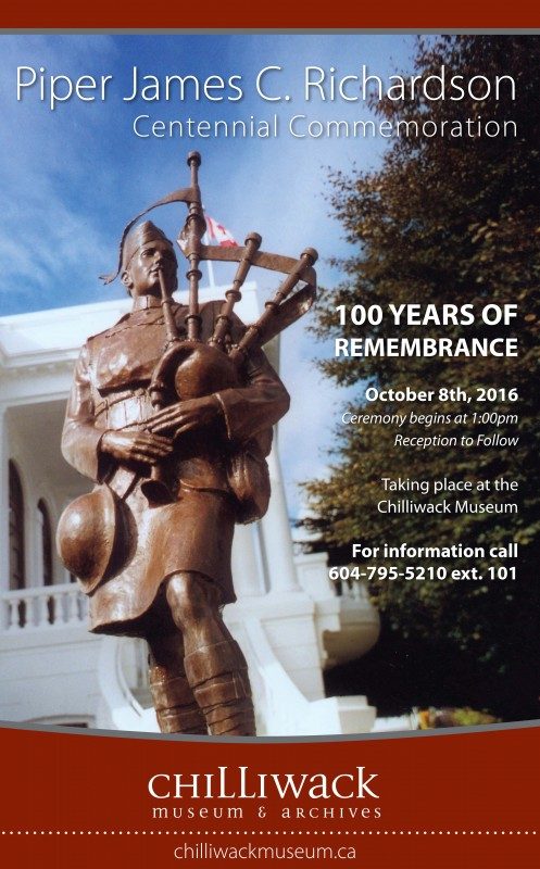 All are welcome to attend the Centennial Commemoration for Piper James C. Richardson VC, October 8th. 