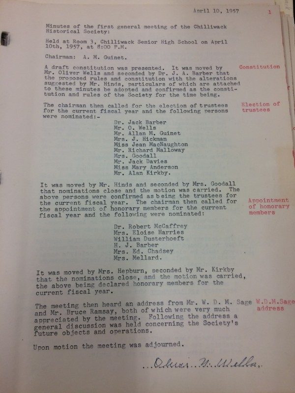 The Minutes of the first General Meeting of the Historical Society, April 10, 1957. 