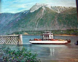 Acrylic Painting of the Eena ferry on the Agassiz side of the Fraser River. [1986.042.016]